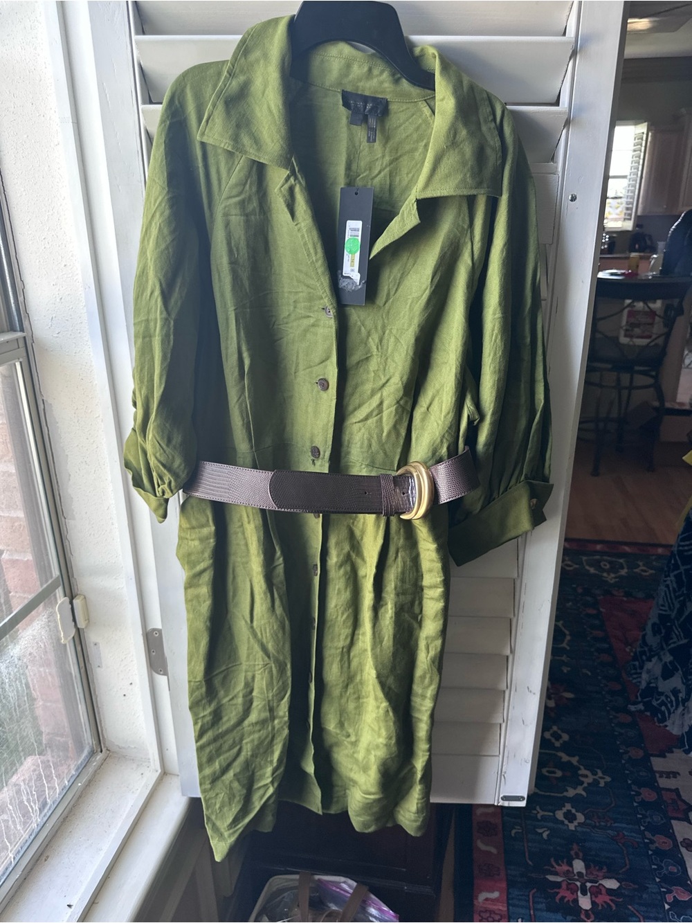Donna Karan Olive Green Button-Front Shirt Dress with Brown Belt